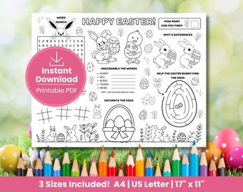 Easter Activity Placemat Printable | Coloring Page for Kids | Sunday School Game Mat | Easter Classroom Activity | Spring Puzzle Sheet