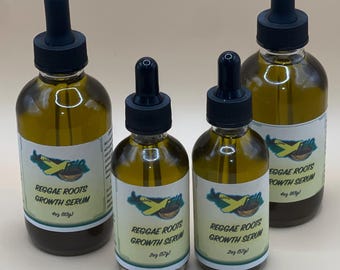 May include: Four glass bottles of Reggae Roots Growth Serum with black droppers. The labels feature a Jamaican flag design and the text "Reggae Roots Growth Serum". Two bottles are 57g, and two are 113g.