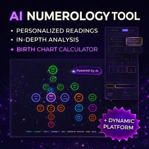 Peut inclure: Graphique numérique faisant la promotion d'un outil de numérologie IA. L'image présente le texte "AI NUMEROLOGY TOOL", "PERSONALIZED READINGS", "IN-DEPTH ANALYSIS" et "BIRTH CHART CALCULATOR". Une plateforme dynamique est également incluse.
