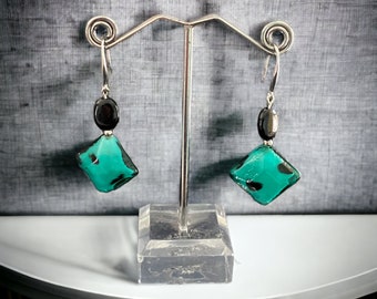 Teal and black glass and black bead earrings on 18K gold plated hypoallergenic hooks