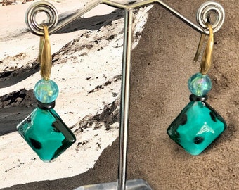 Teal and black glass earrings on 18K gold plated hypoallergenic hooks