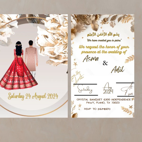 Editable Digital Muslim Wedding Invitation Template Nikkah Walimah Shaadi Baraat editable white golden shadi card Beige Islamic Invitation