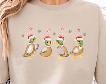 Christmas Mallard Duck Sweatshirt, Cozy Holiday Crewneck, Santa Hat Ducks, Funny Wildlife Christmas Shirt, Duck Lover Gift, Xmas Ducks Tee