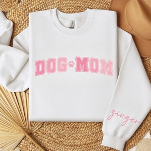 Personalize Dog Mom Sweatshirt with Dogs Name on Sleeve, Custom Dog Mom Sweatshirt, Vintage Varsity Dog Mom Crewneck, Custom Dog Mom Shirt
