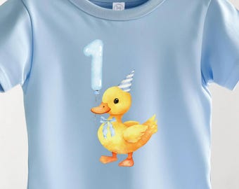 ベビーダックのバースデーシャツ、1歳の誕生日シャツ、赤ちゃんの誕生日プレゼント、1歳の誕生日パーティー、アヒルをテーマにした誕生日、黄色いアヒルの幼児用シャツ