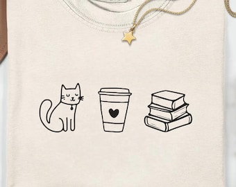 猫とコーヒーの本Tシャツ、猫ママへのギフト、コーヒー好きへのギフト、本好き、猫ママ、コーヒー好き、読書家Tシャツ、本好きTシャツ、ペット好きTシャツ