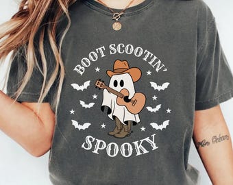 Camiseta fantasma do oeste, camiseta de cowboy para o Halloween, bota assustadora, camiseta fantasma retrô para o Halloween, temporada assustadora, camiseta assustadora, camiseta western