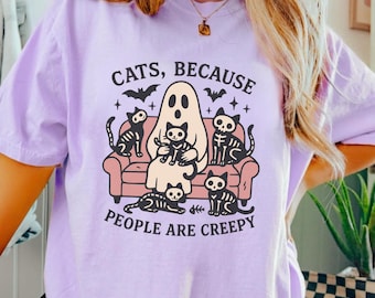 Maglietta fantasma di Halloween con gatto, maglietta con gatto spettrale, regalo per amanti dei gatti, regalo per mamme gatte, maglietta divertente di Halloween, maglietta con fantasma retrò, magliette della stagione spettrale