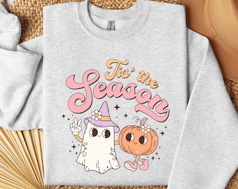Tis The Season Sweatshirt, Retro Halloween Sweater, Ghost & Pumpkin Sweatshirt, Boho Halloween Crewneck, Spooky Season, Fall Autumn Sweater