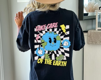 Chemise Prenez soin de la planète, Chemise couleurs confortables, Chemise Save the Plant, Chemise environnementale, Chemise Earth rétro, T-shirt oversize au dos