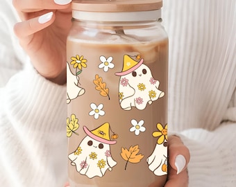 Floral Ghost Halloween Tumbler, Cute Halloween Glass Tumbler, Retro Ghost Cup, Retro Flower Cup, Halloween Ghost Tumbler, Halloween Lover