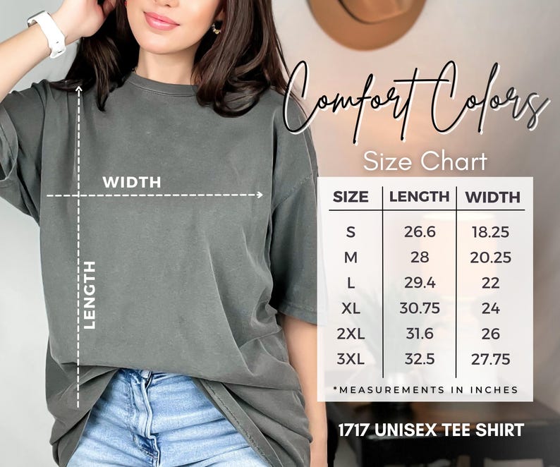 Puede incluir: Tabla de tallas para una camiseta unisex en tallas S-3XL. Las medidas est&aacute;n en pulgadas. La tabla muestra la longitud y el ancho de la camiseta para cada talla.