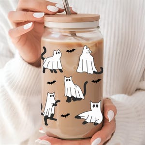 Gruseliger Katzenbecher, Geisterkatzenglasbecher, Halloweenbecher, Katzenmama Geschenk, Halloween Katzenmama Tasse, gruseliger Eiskaffeeglas-Katzenliebhaber Geschenk