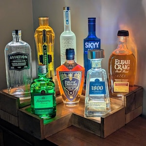 LED Wood Liquor Tiered Corner Shelves - Bottle Display - LED Shelf - Cedar - Bar Shelf - Bottle Shelf - Popular - Stackable - Gift for him