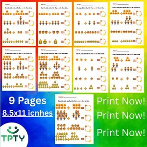 May include: Nine printable educational worksheets for children, featuring addition problems with pumpkins, acorns, and stick figures. The worksheets are 21.59 x 27.94 cm and include the text "Print Now!"