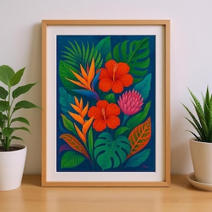 Floral Bold Tropical Wall Art Printable, Vibrant Botanical Print, Exotic Flower Wall Decor, Modern Nature Art, Instant Download