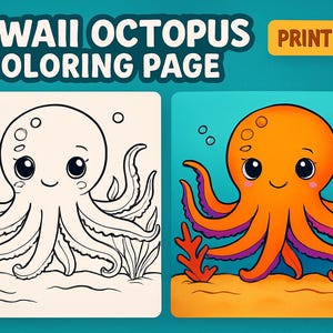Kawaii Octopus Coloring Page: Kids&#39; Underwater Fun (Digital Download, PDF