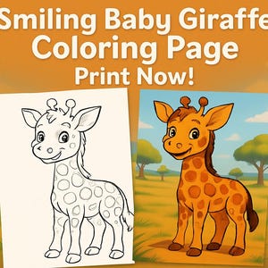 smiling baby giraffe, giraffe coloring, savannah animals, easy coloring sheet, printable coloring, kids activity, instant download,Prek