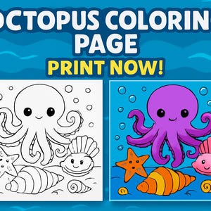 Octopus Coloring Page: Seashells Ocean Animals Activity (Printable PDF Digital Download