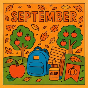 september coloring page, fall coloring page, back to school printable, kids activity, preschool coloring, autumn leaves, apple coloring