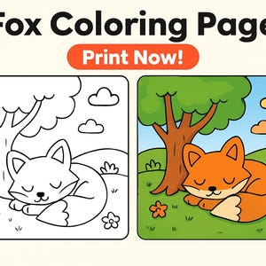 fox coloring page, kids coloring, printable PDF, uncolored fox, colored fox, digital download, instant download, children&#39;s activity
