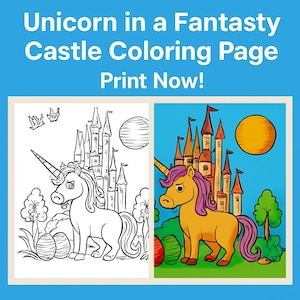 unicorn coloring page, fantasy castle coloring, printable coloring page, kids coloring, magical creatures, instant download,