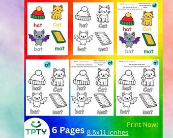 AT Word Family Worksheets, 6 CVC Phonics Pages, Science of Reading, Kindergarten Literacy, Personal Use Only, PDF