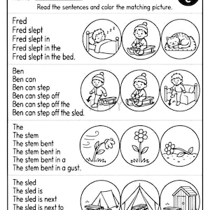 Puede incluir: Una hoja de trabajo educativa en blanco y negro titulada Sentence Pyramids sobre el sonido e corto. Incluye cuatro filas de pirámides de oraciones e ilustraciones circulares correspondientes de personas, animales, plantas y objetos.