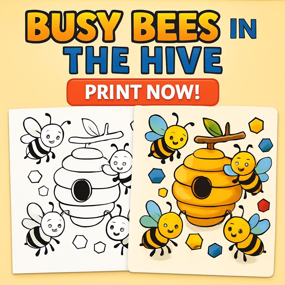 Bee Insect Printable Busy Bees Coloring Page: Kids Printable Insect Art (PDF Download, 8.5x8 ...