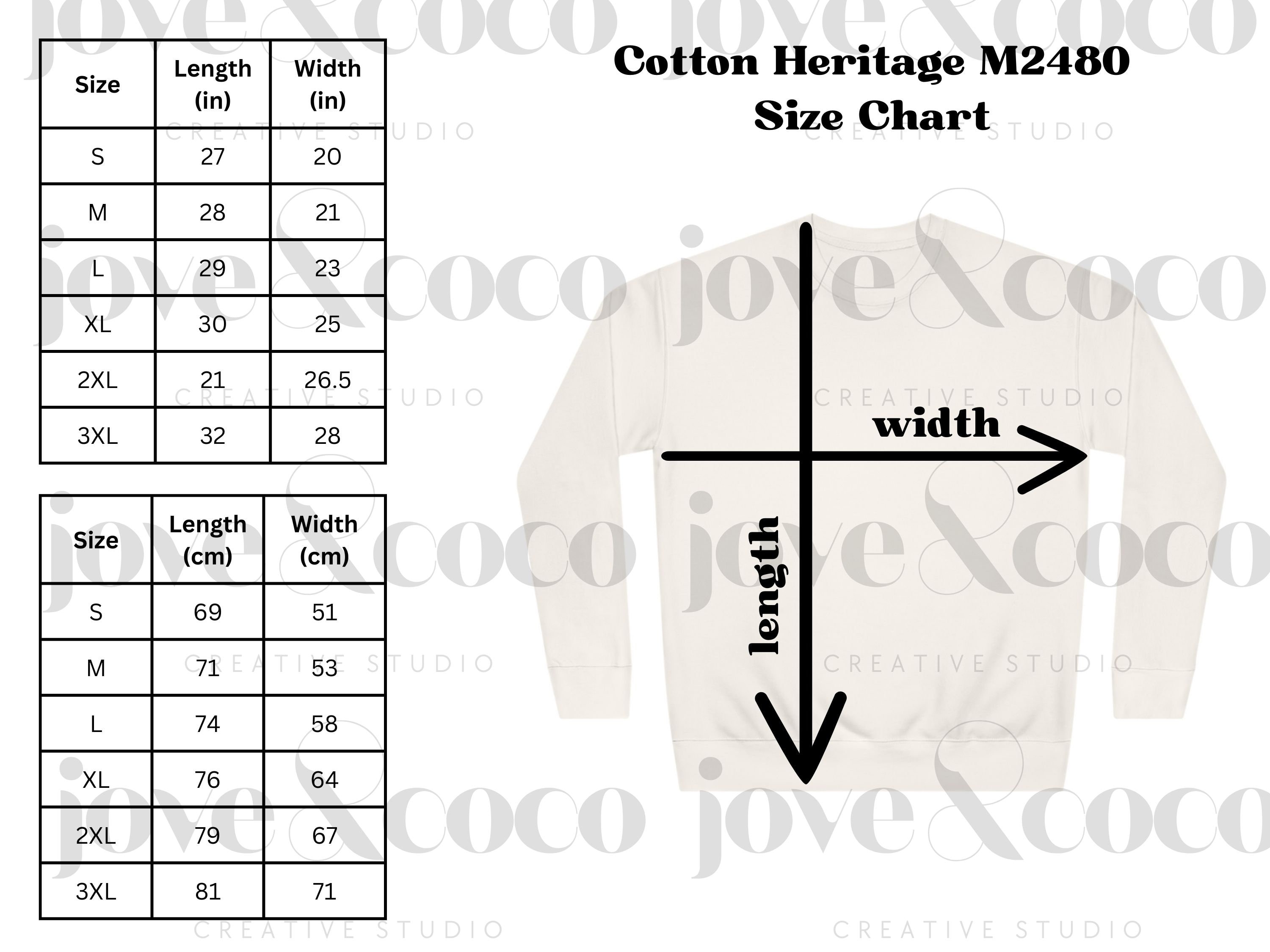 Cotton Heritage M2480 Mockup Color & Size Chart, Cotton Heritage M2480 Sweatshirt Size Chart