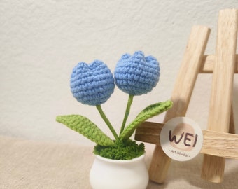 かぎ針編みのチューリップの鉢植え、かぎ針編みの花の鉢植え、家の装飾