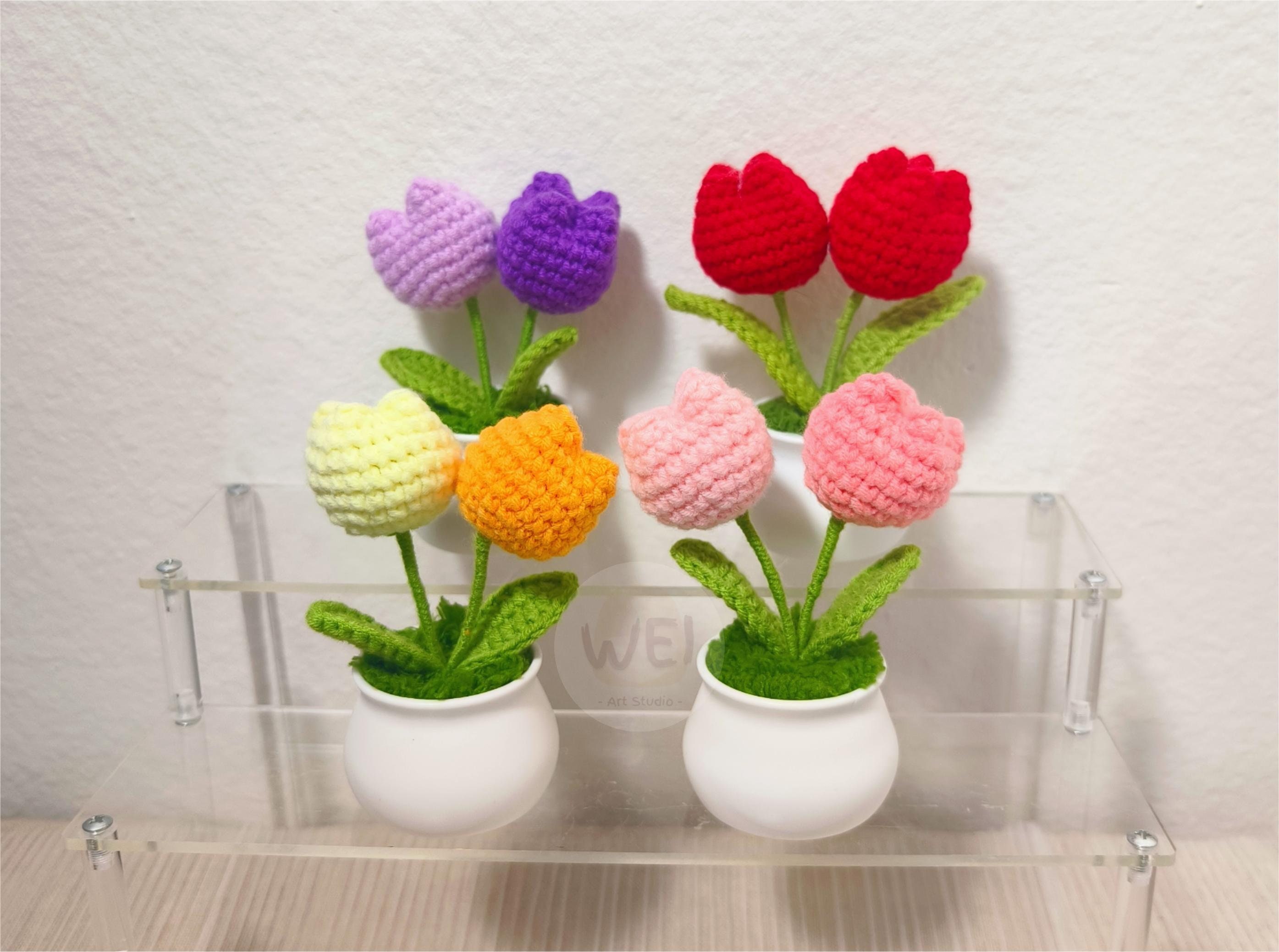 Fiori Artificiali Tulipani All'Uncinetto Fatti A Mano – Mini Vaso Rosso Lavorato A Maglia – Decorazione Casa Ufficio – Regalo Compleanno Per Lei