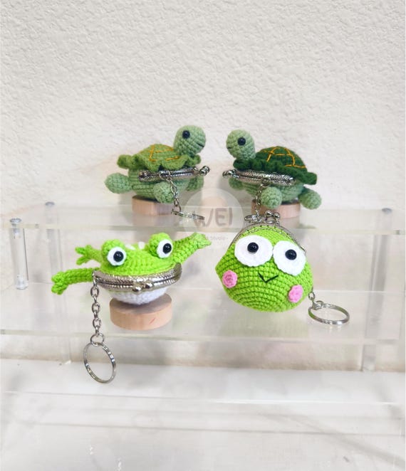 かぎ針編みのカエル/カメのコインケースキーホルダー、KISSロック
