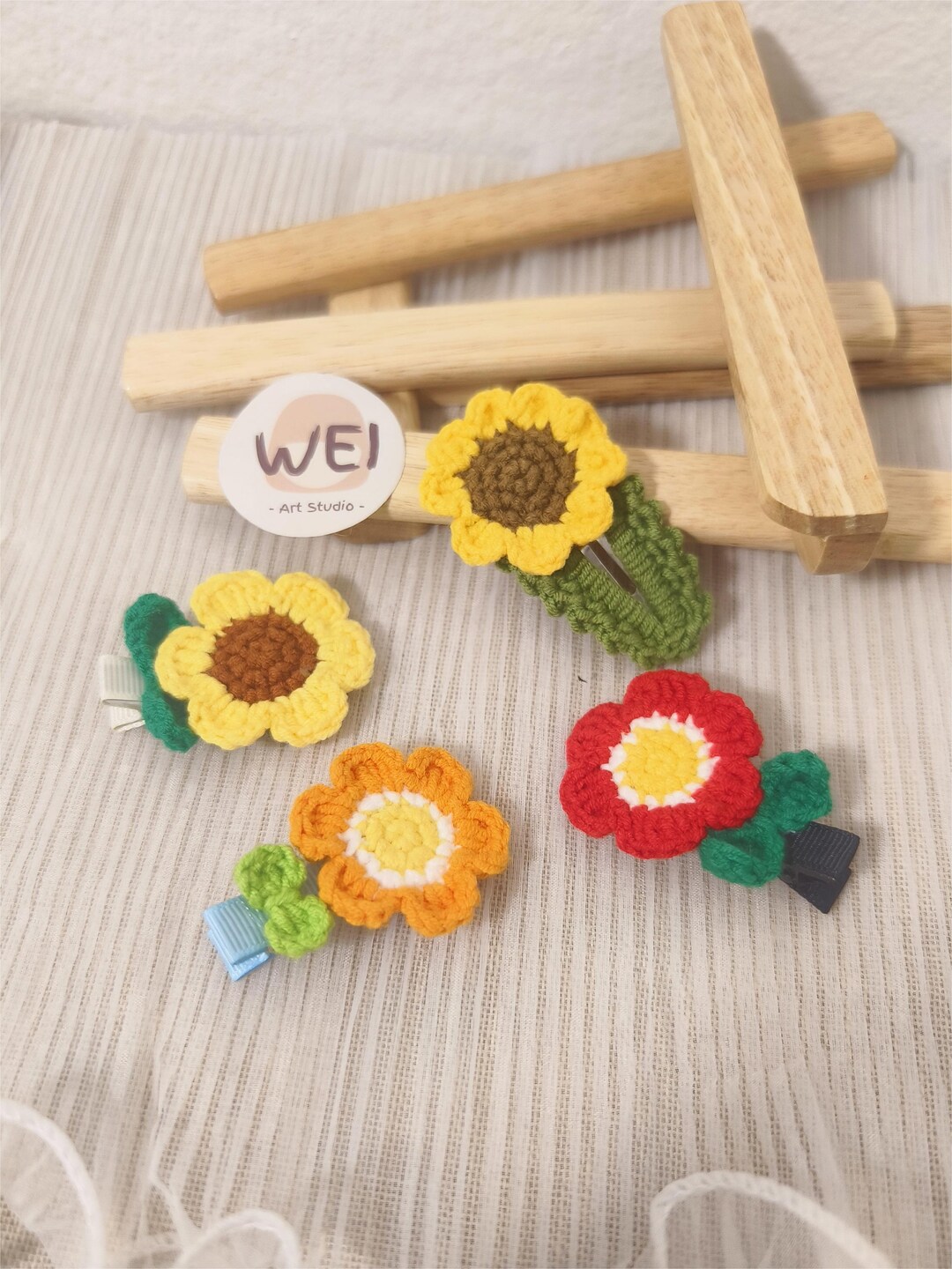 Samoolam Handmade Crochet Flower Hair Clips Set ❤ Koi Smiling Sunflower