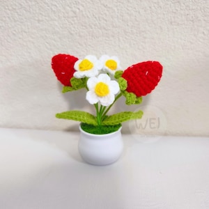 May include: A crocheted strawberry plant with white flowers in a white pot. The plant is made of red, white, and green yarn.