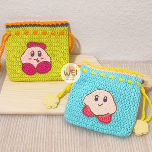 XL gehäkelte Geldbörse KIRBY, Exclusive Edition, gehäkelter PINK Kirby Kartenhalter, gehäkelte Kordeltasche, Schlüsseltasche, Lippenstifttasche