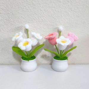 May include: Two crocheted flower arrangements in white ceramic pots. One arrangement features white flowers with green leaves, while the other features pink flowers with green leaves.