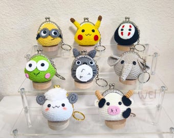 Crochet ANIMAL CARTOON Coin Purse Keychain, KISS Lock pouch, Amigurumi, bag pendant, Frog/Elephant/Pika/Faceless Man/Chinchilla/Cow/Sheep