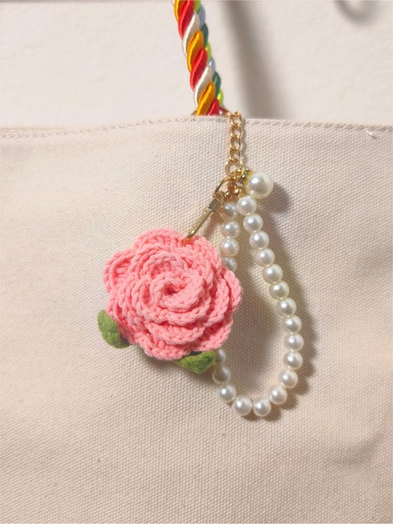 Crochet ROSE/CAMELLIA Blossom Bag Charm With Pearls Strap, Knitted