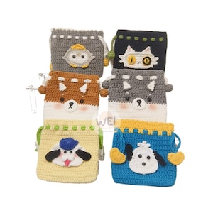 Portamonete all'uncinetto, porta carte ANIMALE/FRUTTA all'uncinetto, marsupio all'uncinetto Shiba Inu Dog/Cane/Gatto/Pinguino, marsupio all'uncinetto con coulisse