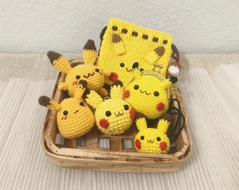 Crochet Pika Collection, Pika Pika keychain, Yellow Mouse, Drawstring Bag, coin purse, Hair tie, Stuffed Toy Doll, Crochet Electric Mouse
