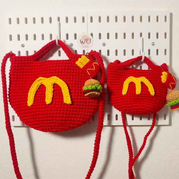 Crochet McDonald's Bag/Phone Purse, Handmade Knitted Bag/Pouch with Hamburger & French Fries Charm, Crochet Crossbody Bag, Gift for Her