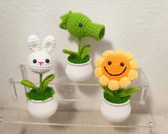 Crochet SUNFLOWER in pot, Crochet Pea SHOOTER Potted Plants, Desk decor, Crochet Rabbit/BUNNY in Pot,  Smile Sunflower, Gift for Her