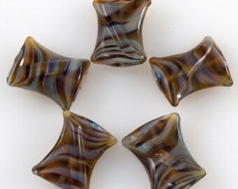 Handmade Artisan Glass Twisted Rectangle Beads in Safari Summer Amber Brown - Unique Jewellery Supplies, Borosilicate Glass Beads