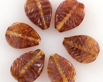 Handmade glass Leaf beads in Salmon Red and Amber