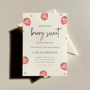 Beere süße Babypartyeinladungsvorlage, bearbeitbare Mädchen-Babyparty einladen, Sommerfrucht-Thema, druckbarer digitaler Download