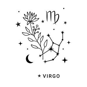 Virgo Zodiac Star Sign / Descargas instantáneas en blanco y negro / PNG, JPG, SVG, eps, dxf / Descarga digital