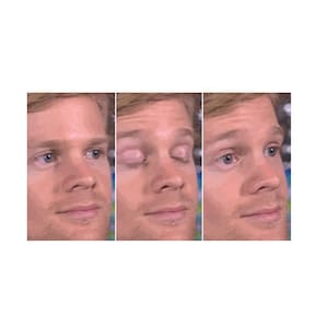 May include: A man with a surprised expression, his eyes are wide open in the first image, then he closes his left eye in the second image, and then he closes his right eye in the third image.