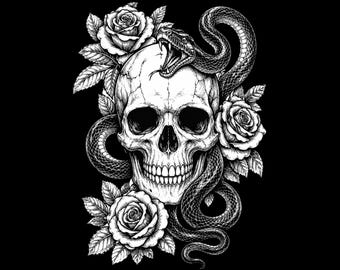 Skull Snake Rose Tattoo Flash Art | Gothic Engraving Style PNG (Digital Download)