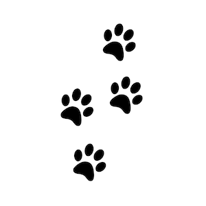 May include: Three black paw prints on a white background.